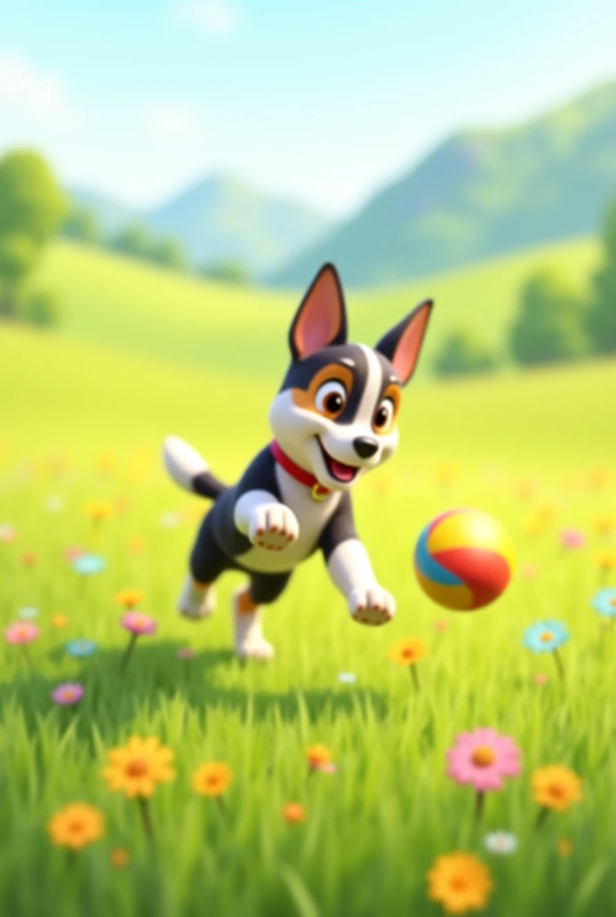 A dog is playing with a ball in the meadow 