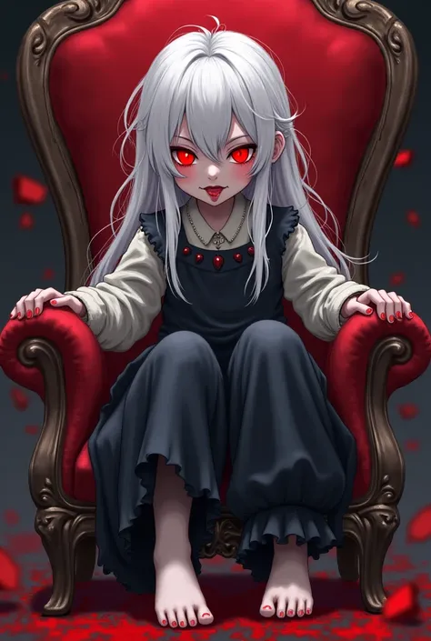 girl drawing, yandere, vampire girl, flat chest,  with red glowing eyes ,  illustration with glowing red eyes ,  completely red eyes, grimdark, the girl has a crazy and ferocious look,  long disheveled white hair, snow-white skin, The girl is sitting on a ...