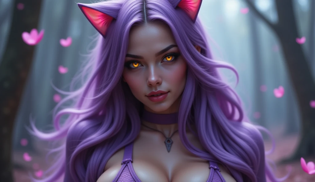 (best quality,4k,highres,masterpiece:1.2),ultra-detailed,realistic:1.37, close-up shot photorealistic of

A stunning, hyper-realistic woman with cat-like golden eyes that glow in the dim light, and long, wavy violet hair flowing over her shoulders. Her lip...