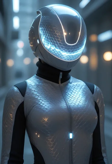 greysnake  ,  futuristic metal set,  blurred background , Turtleneck,  Complicated pattern , Smooth helmet,  long sleeve,  textured scale pattern ,  glowing blue line ,  high-tech environment , Front zipper