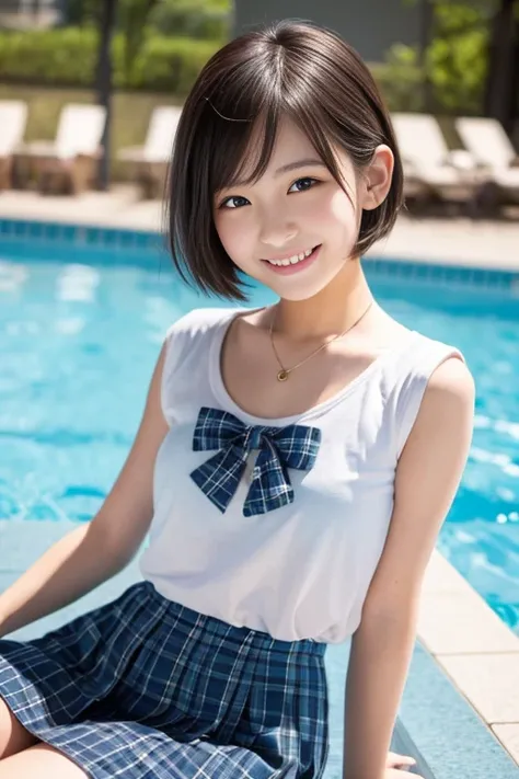  Japanese、 cute、 high school girl、Short Hair、Baby Face、smile、 plaid skirt 、 poolside