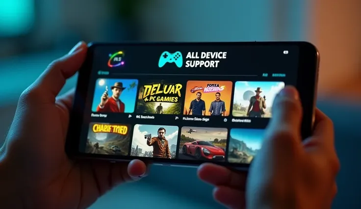 “A person holding a smartphone displaying a cloud gaming platform with a selection of AAA PC games. The screen features popular game titles like Red Dead Redemption 2, GTA5, Forza Horizon 5, and Black Myth: Wukong. The interface has a modern, sleek design ...