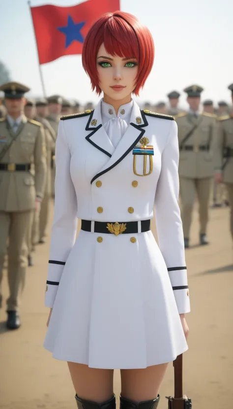 l((   best quality)),(  Super High Resolution ),(  porn theme),(  Detailed help  ),(( best CG )),( masterpiece),High definition art,(  Fine detail art :1.5), Female soldiers, scarlet hair,   short cut,   Beautiful well-balanced face  ,   natural makeup , v...