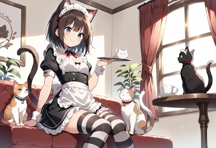 ((masterpiece, best quality, ultra detailed, high resolution, beautiful detailed face, beautiful detailed eyes, perfect hands)), (2 girl, multiple cat), (cat ear and tail), (small breasts), (maid costume, maid headdress, maid apron), (black striped thighhi...