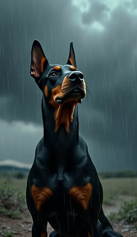 During a severe storm, a Dobermann dog is shivering while it's raining.. 