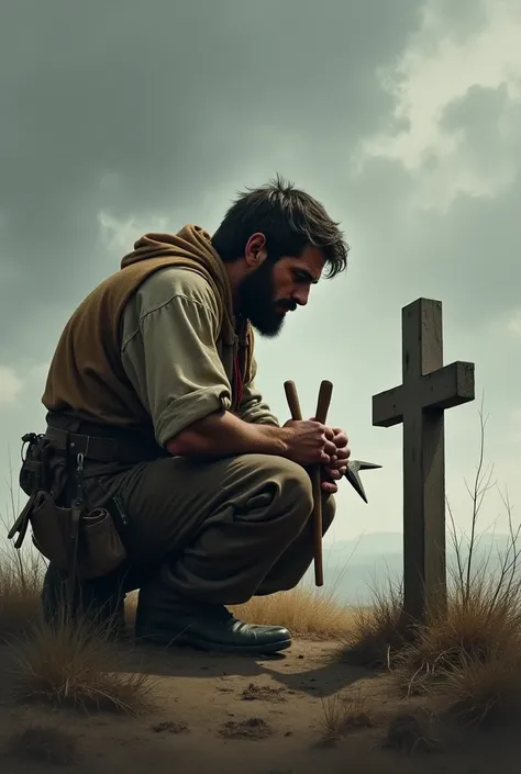 David kneeling at a simple grave under a gray, overcast sky, clutching a set of worn-out carpenter's tools, his face filled with sorrow.