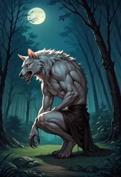 (best quality, masterpiece:1.2), white werewolf prowling in the forest at night,  full body, menacing, horror, anime, side view