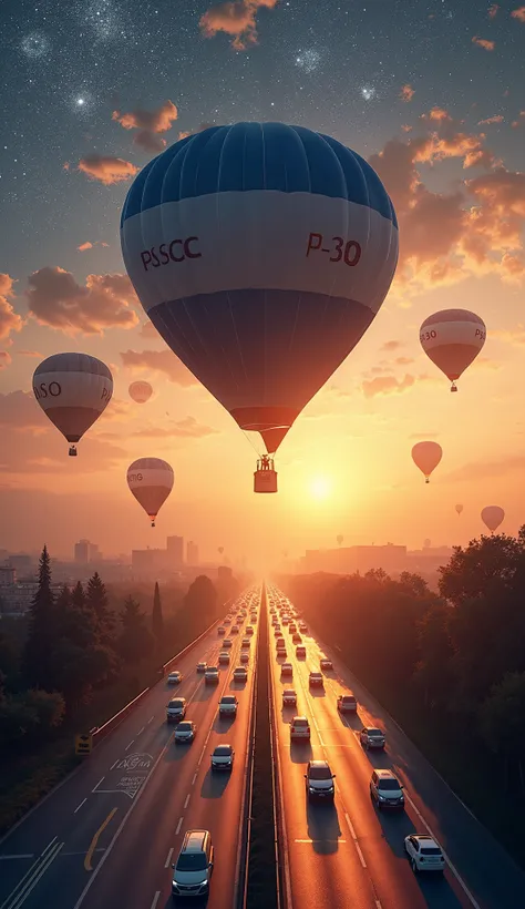 A surreal cityscape at sunset with multiple hot air balloons floating above a highway filled with white vans and cars. The sky is transformed into a cosmic scene with swirling galaxies, glowing nebulae, and streaks of golden light, blending seamlessly with...