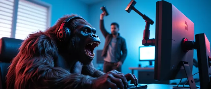 Create an image from the perspective of a webcam mounted on a computer monitor in a modern blue room. The scene captures a live-streaming setup featuring a gorilla as the streamer, wearing large headphones and shouting passionately at the screen. To one si...