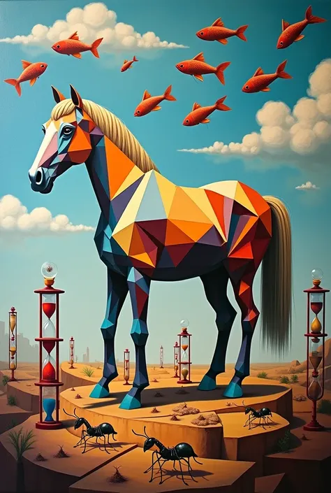 a cubist, surrealist oil painting of a horse in the center, with fish in the sky hanging from the clouds, and on the ground ants carrying hourglasses on their heads