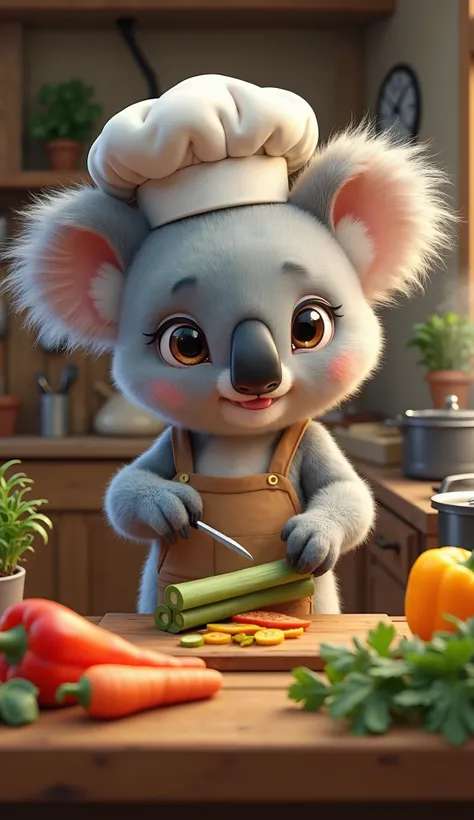 A cute and fluffy koala dressed in a chef's outfit, including a small apron and a chef’s hat, skillfully cutting bamboo and fresh vegetables on a wooden chopping board. The koala has a focused yet adorable expression, using a small knife with precision. Ar...