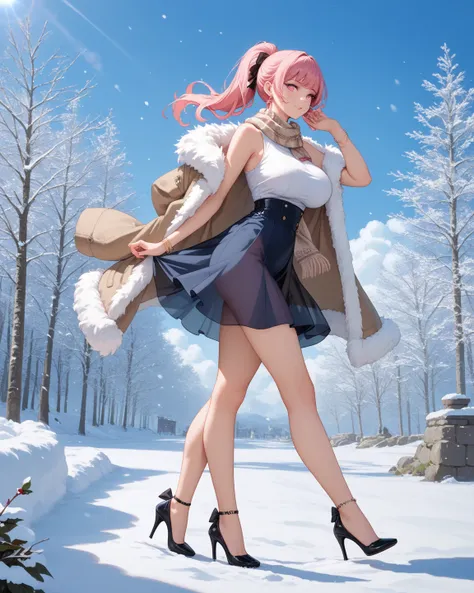  girl, 20 years,  pink eyes , medium length pink hair,  big breasts,  big booty, thick beautiful legs ,  white sleeveless shirt, blue sun skirt,  black low-heeled shoes,  Beautiful, Darling,  hair gathered in a ponytail,  bracelets, winter, fur coat, ankle...