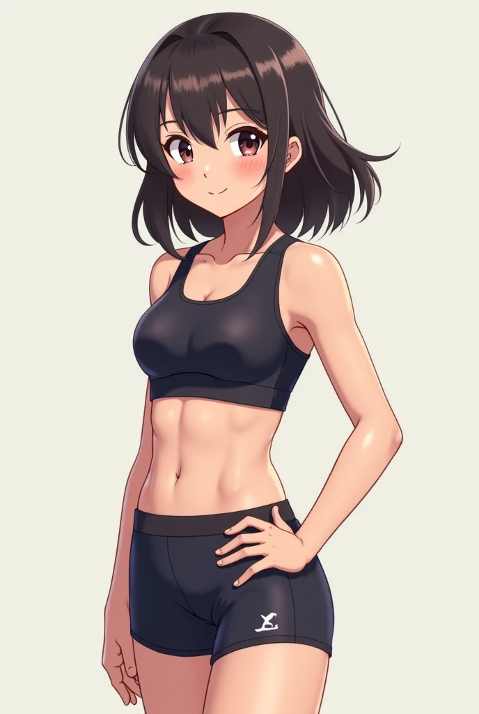 Realistic anime girl of 11 wearing lycra shorts and sports top 