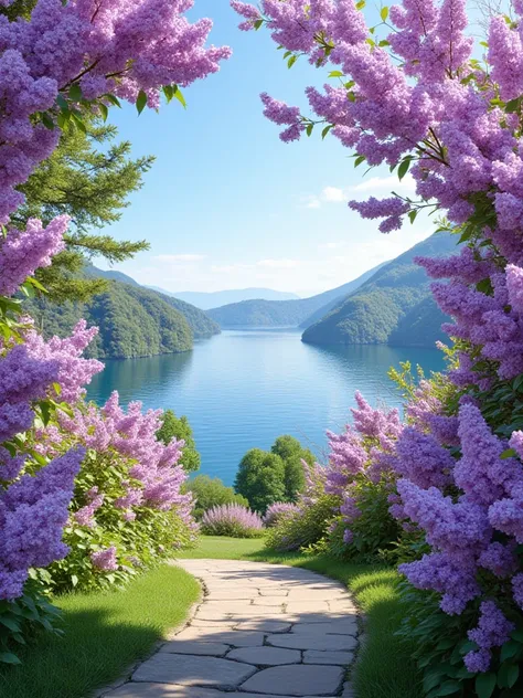 Lilac bush garden, with beautiful lake views