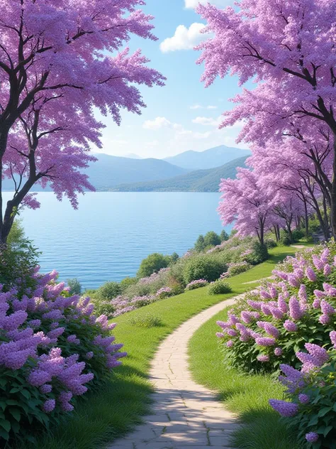 Lilac bush garden, with beautiful lake views