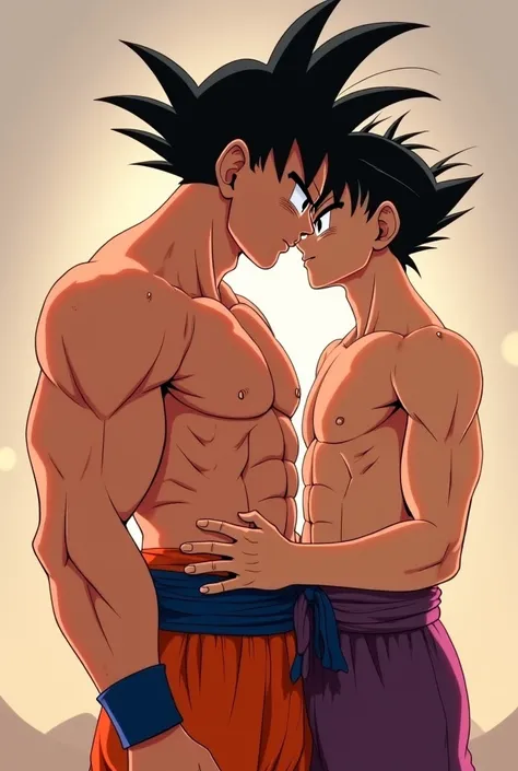  Goku and gohan are naked. Gohan worshipping the muscles of goku. Gohan is a ager just like in the cell saga. He is muscular but less than goku who is huge. Goku and gohan are both blushing. Gohan is squeezing and kissing goku's huge pecs from behind. Goku...