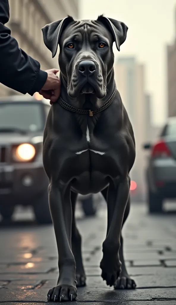 An Italian Cane Corso  ( Mastiff )He pulled it out of his pants just in time to avoid a car that came without brakes.
