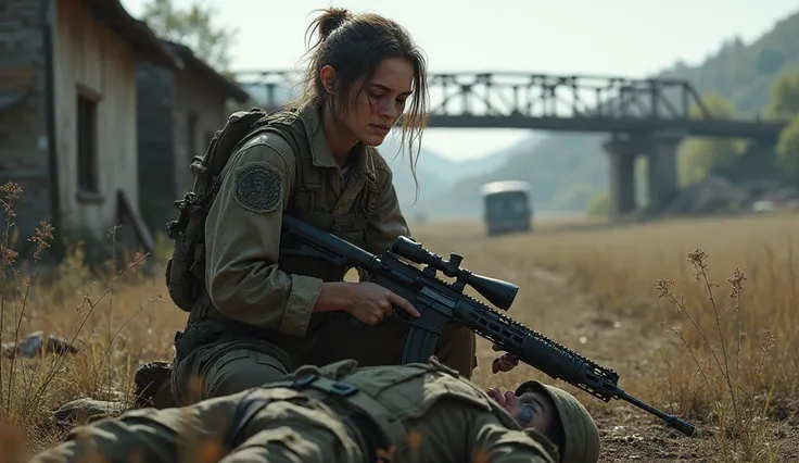  An injured female soldier holding a sniper in her hands next to a body on the ground between a small farm, an abandoned bus nearby and the wreckage of a bridge in the distance  