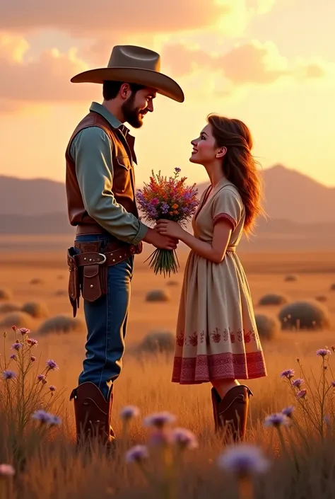 Cowboy and cowgirl giving flowers and concert tickets 