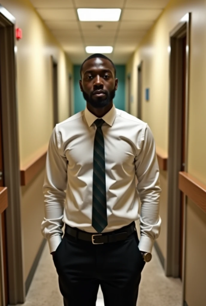 there is a man standing in a hallway with a tie on, a picture by Chinwe Chukwuogo-Roy, instagram, tachisme, he is about 2 , around 1 , hi mark ( akwaaba tommy ), godwin akpan, he is about 20 years old, he is about 2 0 years old