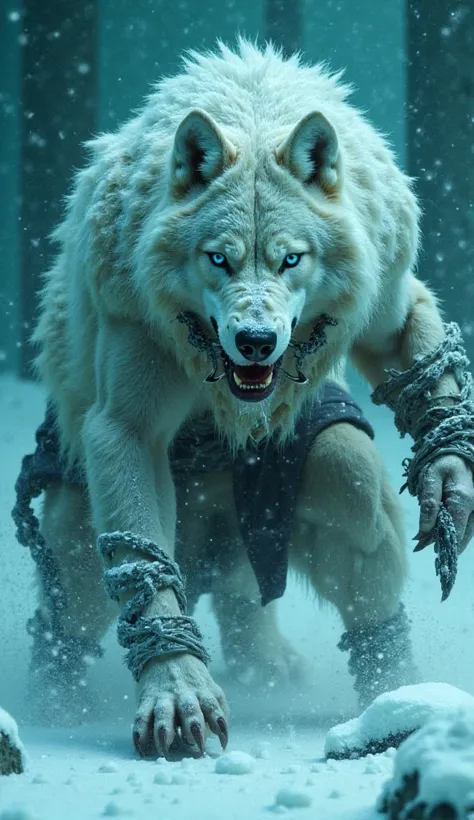 The wolf-god Fenrir, bound in crackling glacial chains, snarls with frost-coated fur and eyes like eclipses. Three Viking-inspired warriors—two women and one man—wear fur cloaks and bone armor, their breath visible in the arctic air. Fenrir’s chains drip i...