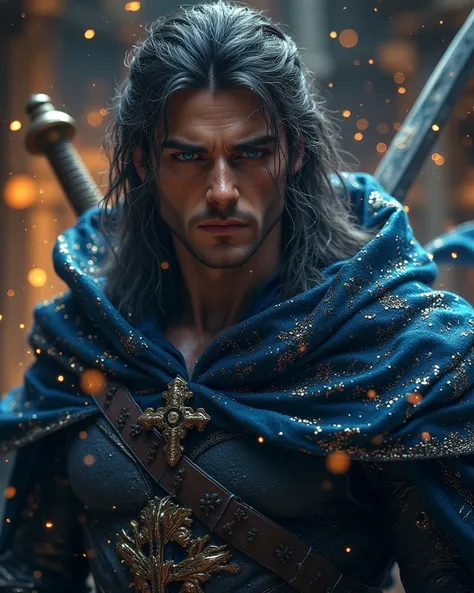 Male, soldier, prince, really tall, 6'5.5", miscular, shoulder-length dark hair greying at the temples, hair held back by a leather headband, blue eyes, impassive face, wears dark clothes and color-shifting cloak, sword on his back, stoic, High Resolution,...