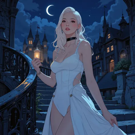 Cinderella, (Disney style), full-length, seductive body, fair skin, white tight-fitting dress, deep neckline, thin waist, big eyes, seductive smile, long white hair, beautiful hairstyle, long earrings, one foot barefoot, (the other foot in a shoe), high de...