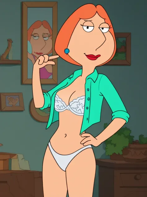 ,score_9, score_8_up, score_7_up,lois, dot pupils, 1girl, blue earrings, jewelry, short hair, solo, lipstick, makeup, orange hair, aqua shirt, shirt unbuttoned completely, large breasts, white lace bra,  no pants, white thong panties, super sexy, highly de...