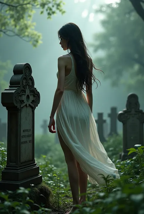 The girl stands up turning forward with her back to the headstone 