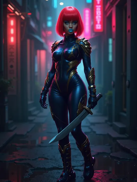 Combat Gynoid with neon red bob cut hair, curvaceous figure with a narrow waist and wide hips, dark skin, glowing blue eyes, wearing bright cyan lipstick, grasping a high-tech katana, clad in high-tech blue and gold body suit with metallic accents, set aga...