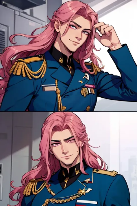 Perfect face. Perfect hands. A handsome pink haired man with violet eyes and long hair in a military uniform is smiling while posing in a potential battlefield