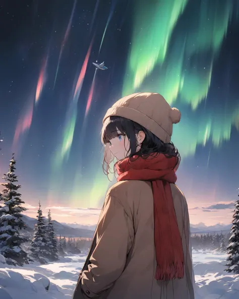  a girl,  American plane,  starry sky with an aurora borealis ,  looking at the starry sky ,  dark blue eyes reflecting the stars, short blue-black hair, long brown coat with long sleeves , gorro de invierno, red scarf,  of foot, in a snowy area ,  with he...