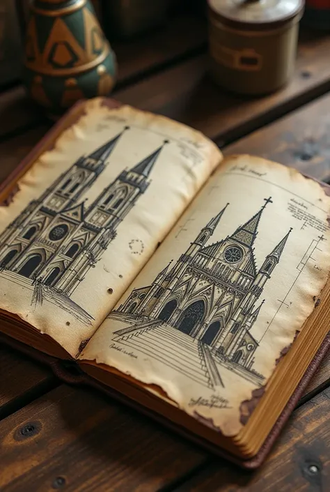 Generate an image of an old newspaper  (notebook )Where are several pages with one or two images of old cathedrals written 