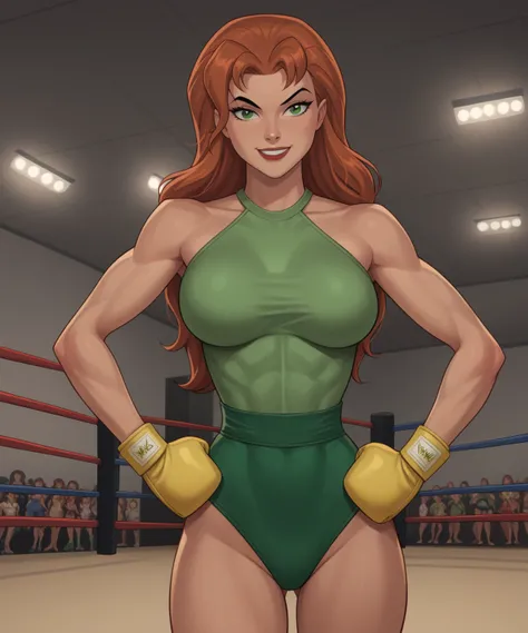 safe_pos, PonyXLV6_Scores BREAK ((retro artstyle, parody)), perfect anatomy, cowboy shot) shayera hol, wings, long hair, green eyes, flirting, raised eyebrow, ((looking at viewer)), superhero, bare shoulders,  green boxing gloves, curvy, toned, athletic, l...