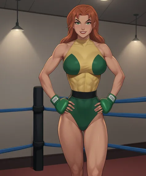 safe_pos, PonyXLV6_Scores BREAK ((retro artstyle, parody)), perfect anatomy, cowboy shot) shayera hol, wings, long hair, green eyes, flirting, raised eyebrow, ((looking at viewer)), superhero, bare shoulders,  green boxing gloves, curvy, toned, athletic, l...