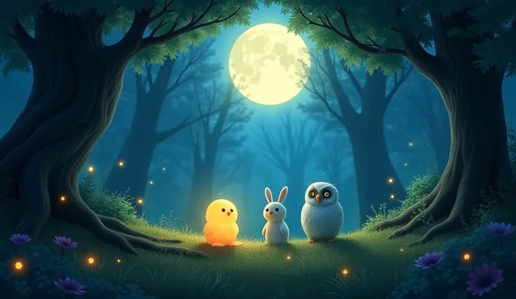 The enchanted forest is now glowing with moonlight. The small glowing creature, white rabbit, and owl stand together, smiling. Fireflies dance around, and the trees seem to celebrate the return of the moonstone.