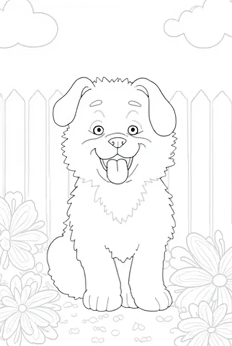 High Resolution, Generate a high-resolution, black-and-white of a playful dog sitting happily in a garden surrounded by flowers and butterflies. The dog's tongue should be out, showing excitement. The flowers should have large, easy-to-color petals, and th...