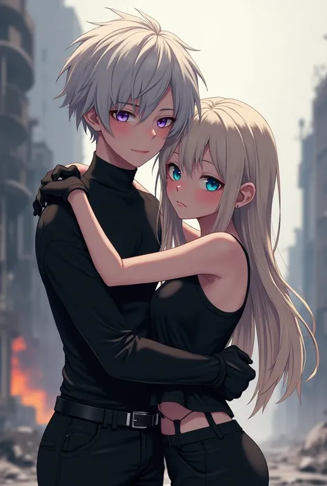 Cover of two realistic boys hugging, a boy of 1 .95 cm tall with fair skin full of dry blood, purple eyes and white hair, dressed in black pants and tight black shirt with belt and black gloves. And a girl goes down from 1. 70 cm with very light blue eyes ...