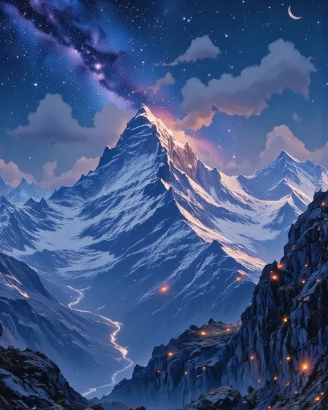 Generate a stunning nighttime mountain landscape under a clear, star-filled sky with a vivid Milky Way stretching across the scene. The rugged, jagged peaks are dark and rocky, partially covered with patches of white snow that shimmer subtly in the low lig...