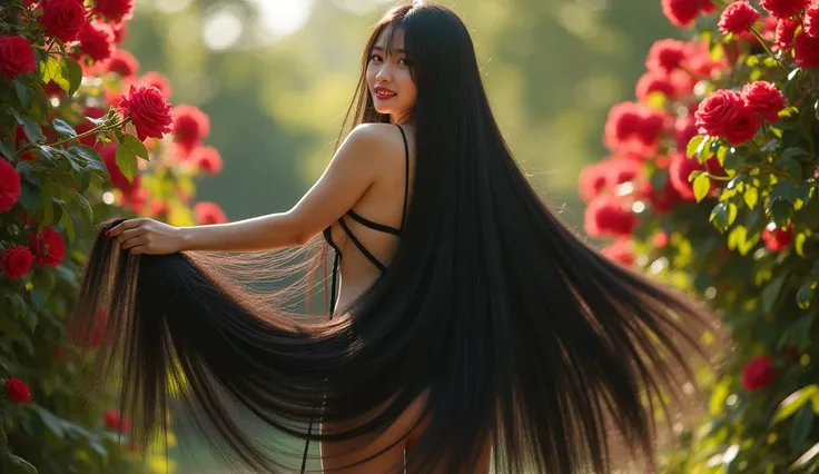 vVery cute chinese girl,((full body shot from hair to feet)),),(NSFW),with a very large hair, shiny black hair, about 8 meters long hair, length knee hair,very shiny hair, loose hair filling the entire ground, the ground is full of her long hair , ((both h...