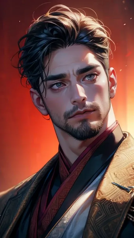 (       ,4K,8k,           highres,           masterpiece :1.2),           ultra-detailed    ,(realistic,photorealistic,photo-realistic:1.37),36-year-old man,3 day beard,Beautiful anime,Portraits,strong,Masculine,            with black hair  ,sharp jaw,    ...