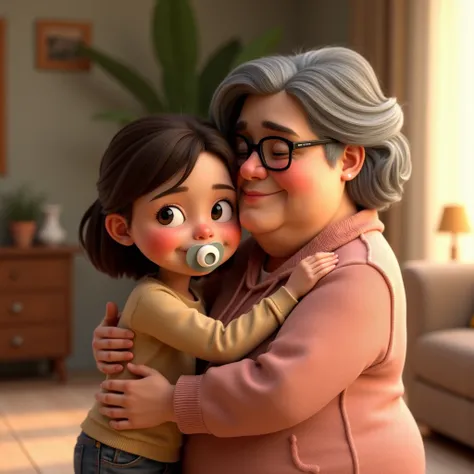 A girl with a pacifier in her mouth and shoulder-length brown hair hugs her grandmother. The grandmother is plump with glasses and dark hair.Animated Imagine 3D