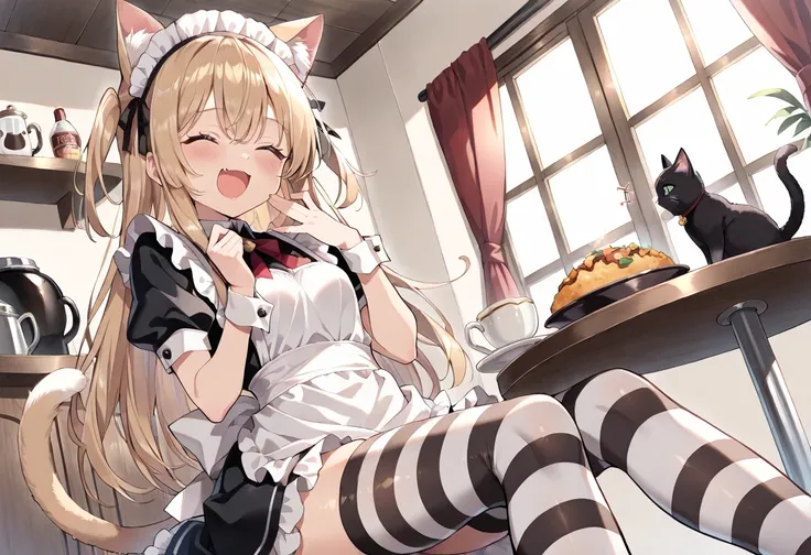 ((masterpiece, best quality, ultra detailed, high resolution, beautiful detailed face, beautiful detailed eyes, perfect hands)), (2 girl, multiple cat), (cat ear and tail), (small breasts), (maid costume, maid headdress, maid apron), (black striped thighhi...