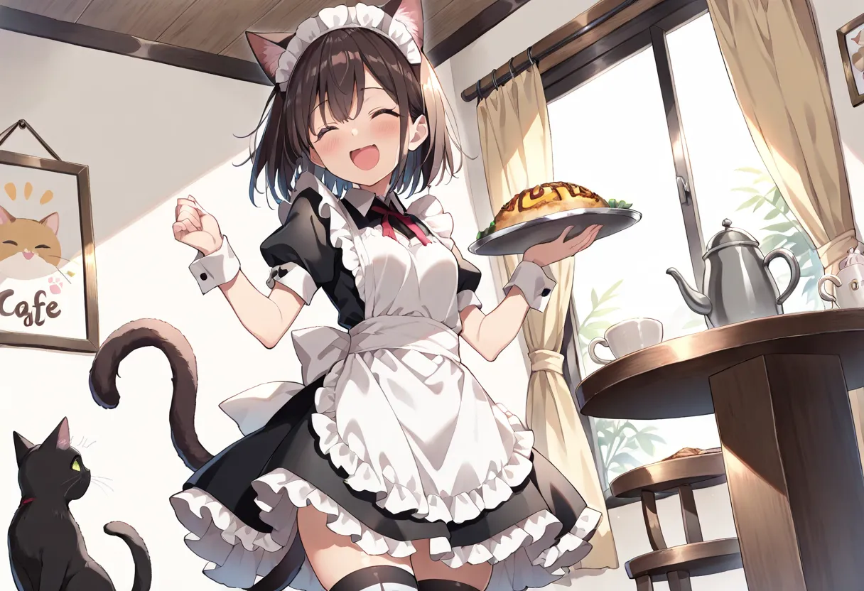 ((masterpiece, best quality, ultra detailed, high resolution, beautiful detailed face, beautiful detailed eyes, perfect hands)), (2 girl, multiple cat), (cat ear and tail), (small breasts), (maid costume, maid headdress, maid apron), (black striped thighhi...