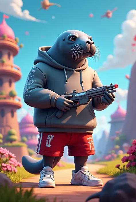 Generate an image of a manatee dressed in gray red and white playing Fornite 
