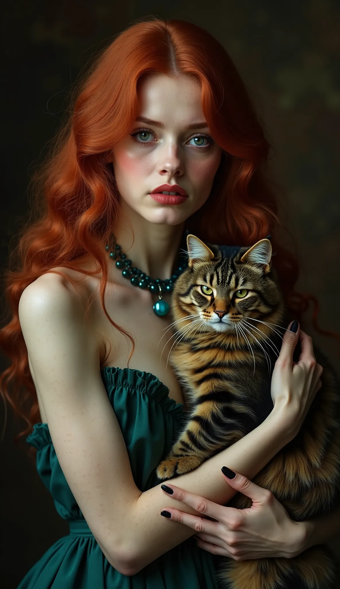 A realistic picture characterized by  (masterpiece) A beautiful woman with a full face, red cheeks, long wavy red hair and black eyes, wearing a blue emerald necklace, hugging her cat with thick fur.  in front of the camera position, intricate details, sim...