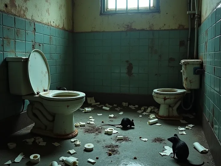 Make an image of a penitentiary cell, where the conditions are subhuman and very precarious, dirty and extremely disgusting, dirty toilets, toilet paper on the floor, rats