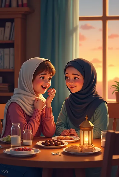 


---

1. Emma and Hijab’s Conversation About Ramadan

Prompt:
A cozy room with warm lighting where two young women are sitting and having a heartfelt conversation. Emma, a non-Muslim girl with light brown hair, listens curiously, while Hijab, a Muslim gi...