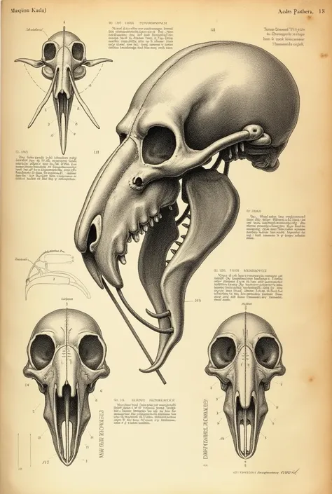 A highly detailed anatomical illustration of the skull of the fictional 'mosquito lion' (Aedes panthera), designed in the style of vintage medical textbooks. The image should be meticulously inked with fine lines, cross-hatching, and labeled details, resem...