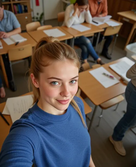 Selfie, (the (Fifty-year-old ) slim African teacher with red hair standing next to her), An eighteen-year-old girl with light blond hair, Ponytail, with blue eyes, from Russia, wide buttocks and wide thighs, matte skin,  wears a blue sweater and ripped jea...